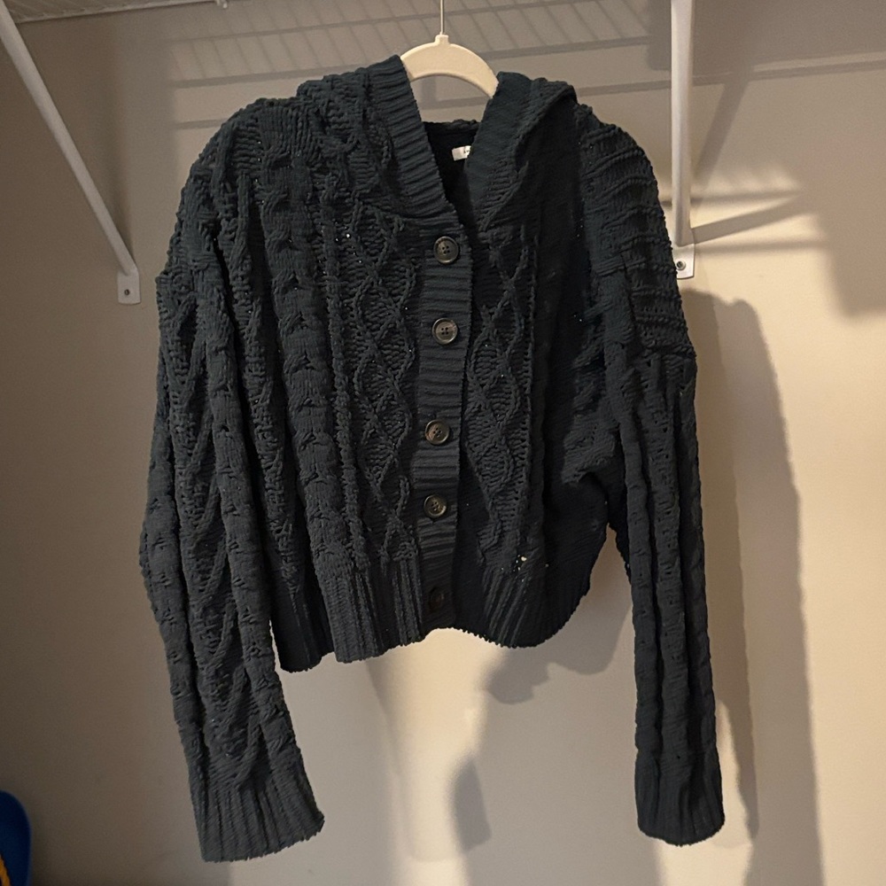 American Eagle Outfitters Navy Crop Cable Knit Button-Up Hooded Cardigan
